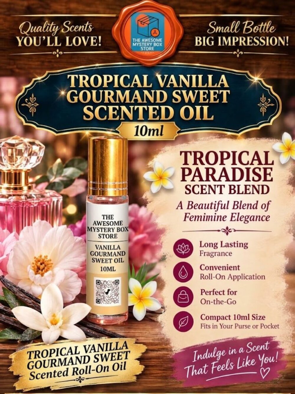 Tropical Vanilla Gourmand Sweet Scented Oil 10ml Glass Roll-On Made in USA